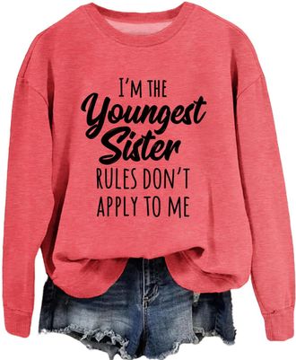 Generic Im Youngest Sister Rules DonT Womens Youngest Sister Rules Sweatshirt, Funny Sibling Crewneck Pullover, Soft Cotton Long Sleeve Casual Top for Sister 