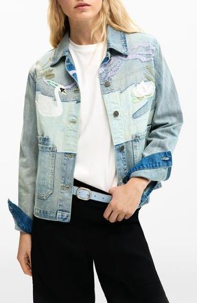 Desigual Swan Appliqu&eacute; Denim Trucker Jacket in Medium Blue at Nordstrom, Size X-Small