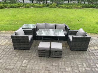 Fimous 7 Seater Rattan Outdoor Furniture Garden Dining Set with Lounge Sofa Dining Table 2 Armchairs Small Stools in Dark Grey