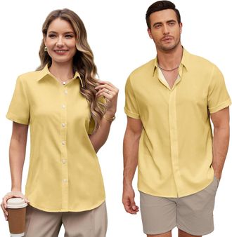 Generic Womens Casual Short Sleeved Shirts Regular Fit Button Down Holiday Beach Shirt Yellow