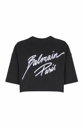 Balmain Cropped T-Shirt With Flocked Balmain Letter Logo in Black at Nordstrom, Size Xx-Large
