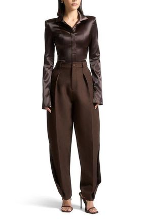 Mani&egrave;re De Voir Louise Wide Shoulder Satin Shirt Bodysuit in Brown at Nordstrom, Size 12