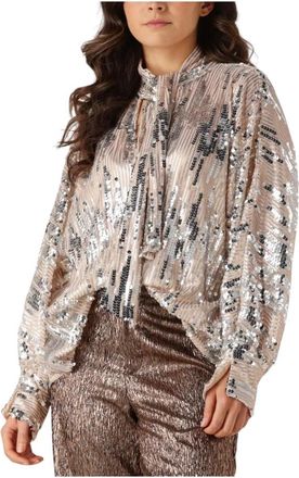 Amaya Amsterdam Glitter Blouse voor Glamoureuze Avonden - Dames - Blouses - Grijs - M - Polyester - Overhemden