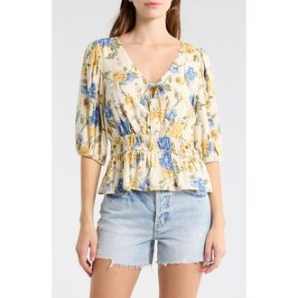 Melrose and Market Floral Smocked Peplum Top in Ivory- Blue Wallpaper at Nordstrom Rack, Size Small