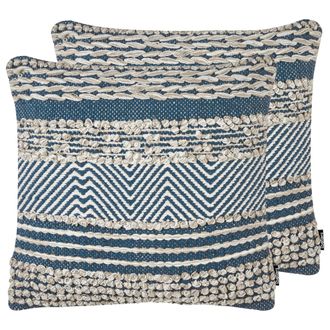 Beliani Conjunto De 2 Cojines De Algod&oacute;n Beige Azul Patr&oacute;n Geom&eacute;trico 45 X 45 Cm Hecho A Mano Con Relleno Boho Dewberry