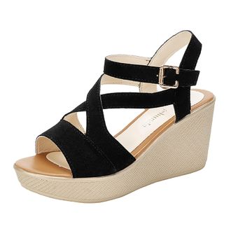 Generic Cocila Ladies Sandals Fashion Strap Roman Mouth Open Toe Causal Platform Solid Color Black, 6 Wedding Black Womens White Wedges Slingback Shoes For Wo