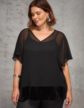 Live Unlimited London Womens Black Velvet Trim Overlay Top - Size: 12