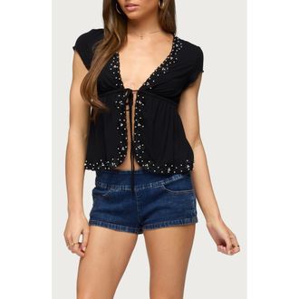 Edikted Sepede Lacey Faux Pearl Tie Front Top in Black at Nordstrom, Size X-Small