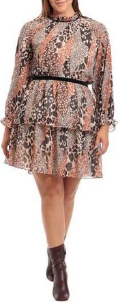 Maggy London Animal Print Tiered Long Sleeve Dress in Ivory Mocha at Nordstrom Rack, Size 16W
