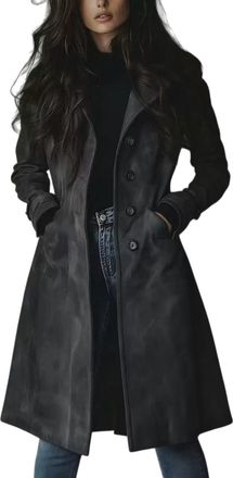 Generic Suede Jacket for Women Fall Retro Double Breasted Classic Lapel Slim Ladies Faux Suede Coat Elegant Suede Long Trench Coat (S,Gray)