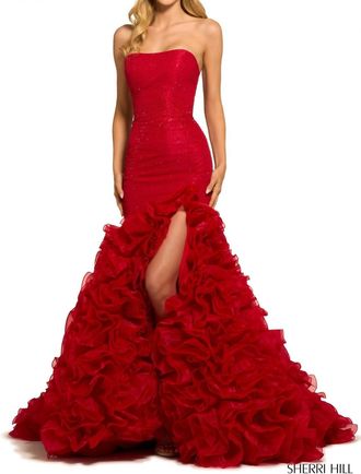 Sherri Hill Strapless Taffeta Mermaid Gown In Red