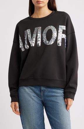 Ichi Ihkelicia Amor Sequin Appliqu&eacute; Sweatshirt in Black at Nordstrom, Size Xx-Large
