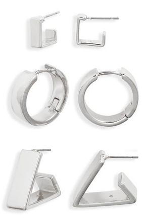 Open Edit 3 Pairs of Geometric Earrings in Silver at Nordstrom Rack