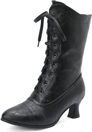 Generic Womens Two-Tone 5.5cm Kitten Heel Lace-Up Mid-Calf Boots for Autumn and Winter,Black,6.5 UK