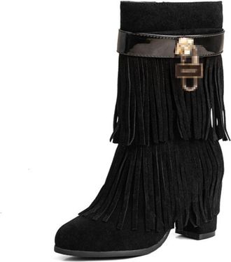 Generic Womens Western Mid - Calf Fringe Boots with Side Zipper,Chunky Heel,Black,14 UK