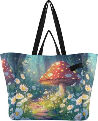 Generic Daisies Flower Teal pattern Reusable Canvas Tote Bag, Heavy Duty Grocery Shopping Bag with Hard Bottom Large Capacity Double Handles Work Groceries Tr