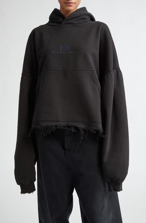 Balenciaga Distressed Cotton Hoodie in 1000 Black at Nordstrom, Size 2