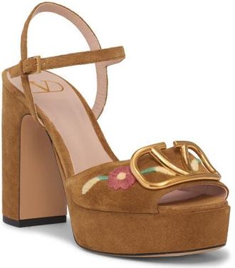 Valentino Garavani VLOGO Sunflower Embroidered Platform Sandal in Havana Beige at Nordstrom, Size 10.5Us