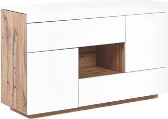 Beliani Aparador De Mdf Chapa Blanco Madera Clara 2 En 1 Escritorio Cajones Estante Almacenaje Goran