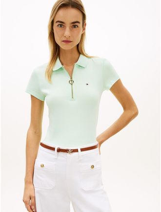 Tommy Hilfiger Womens Slim Fit Zip Polo - Green - XXL