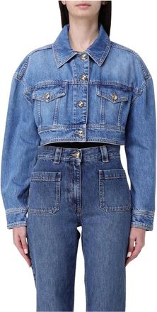 Elisabetta Franchi Jassen, Dames, Blauw, L, Denim, Cropped Denim Jacket Gold Buttons