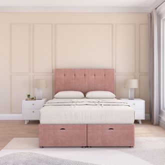 Sloomy Highbury Plush Fabric Ottoman Bed End Opening With Sprung Memory Mattress & 26 Inch strut Headboard in Pink | Size: Single