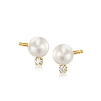 RS Pure by Ross-Simons 5-5.5mm Cultured Pearl Stud Earrings With Diamonds in 14kt Yellow Gold
