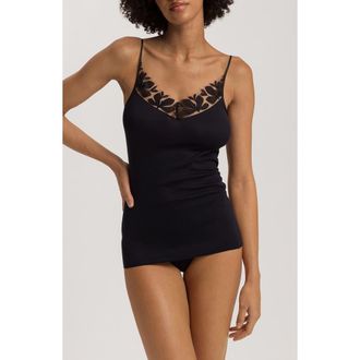 Hanro Kalea Embroidered Trim Cotton Camisole in Black at Nordstrom, Size Large