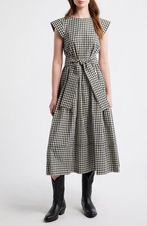 The Great. The Tulsa Gingham Belted Cotton Midi Dress in Black And Cream Check at Nordstrom, Size 0