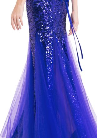 Angel Fashions Womens Sleeveless Blue Sequins Tulle Evening Dress Size 14