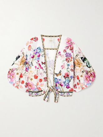 Camilla Crop Top In Lino Stampato Con Cristalli E Incrocio Monserrate Magic - Bianco