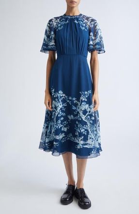 Erdem Flutter Sleeve Silk Voile Midi Dress in Cyanotype Etching Navy at Nordstrom, Size 2 Us