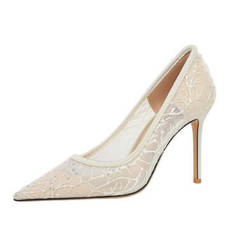 Generic High Heels for Women 9CM Pointed Toe Pump Party Dress Heel Sexy Lace Mesh Sequin for Bride Prom (3.5) Beige