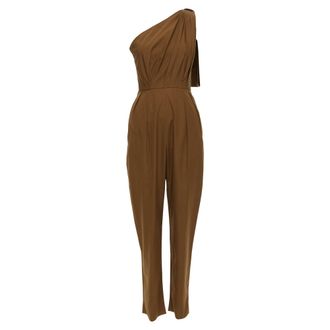 Max Mara Avola cotton poplin one shoulder leather trim jumpsuit