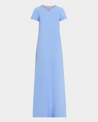 Pamella Roland Embellished Neckline Crepe A-Line Gown