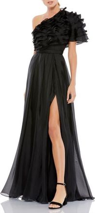 Mac Duggal Ruffle Layered One Shoulder Gown in Black at Nordstrom, Size 10