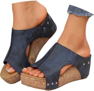 Generic 2026 Womens Summer Fashion Leather Platform Slippers Temperament Non Slip Beach (Navy, 5.5)