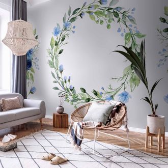 OEM Carta Da Parati Fotografica - Ghirlanda Romantica - Motivo Vegetale Con Fiori E Foglie Blu