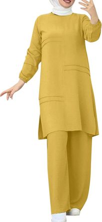 Generic Women Muslim Suit Two-Piece Full Sleeve Top Wide Leg Pants Set Abaya Loose Fit Button Down Shirt Dress Dubai Outfit Turkey Islamic Prayer Set Islamic 