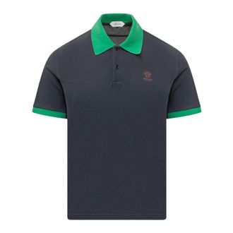 Versace Polo Shirts, male, Blue, Size: XL Embroidered Cotton Piqu&eacute; Polo