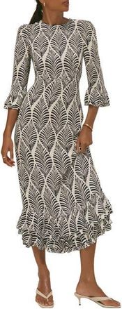 Mint Velvet Printed Ruffle Detail Midi Dress in Blue at Nordstrom, Size 14