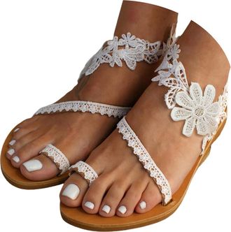 Generic 2025 New Boho Flat Sandals for Women Rhinestones Pearl Design Toe Ring Jeweled Sandals Strappy Beach Wedding Shoes Bohemian Summer Beach Sandals for B
