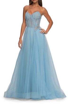 La Femme Strapless A-line Tulle Dress with Floral Waist Detail in Cloud Blue at Nordstrom, Size 6