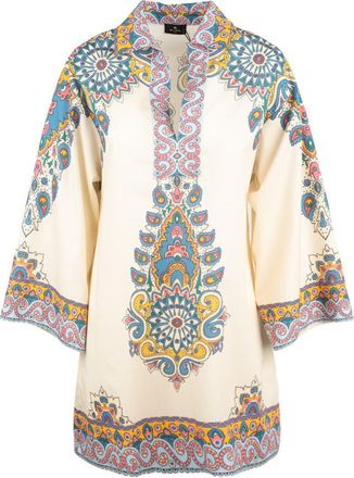 Etro Ivory Cotton Kaftan Dress With Multicolored Paisley Pattern