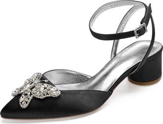 Generic Wedding Shoes Womens Bridal Pointed Toe Chunky Block Heel Ankle Strap Low Heels Slingback Heeled Sandals 4.5Cm,Black,3 UK