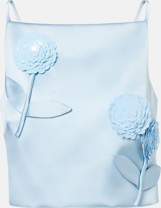 Self Portrait Floral-applique sequined cropped satin top