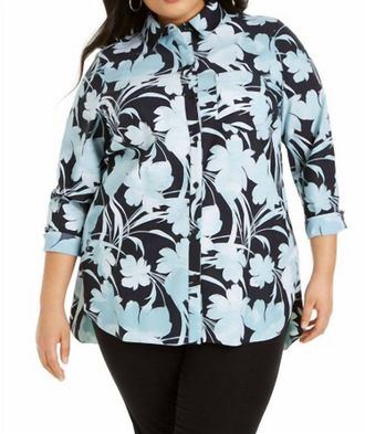 Alfani Printed Knit Boyfriend Shirt - Plus In Multicolor