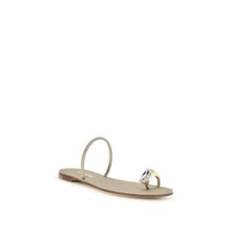 Casadei Womens Gold Calf Leather Bos Taurus Flat Sandals