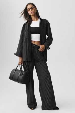 Alo | Pinstripe Daylight Boxer Pants (Long) in Black/Titanium, Size: Medium