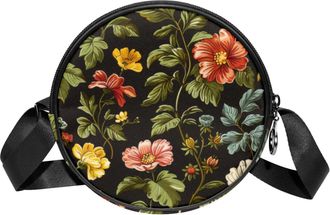 Generic Circle Crossbody Bag for Women, Floral Flowers Small Sling Bag Daypack with Zipper Adjustable Shoulder Straps Casual Ladies Girls Round Purse